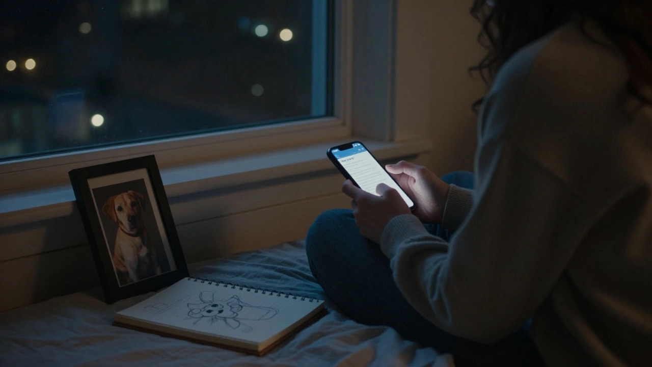 A person sitting on a bed at night, phone glowing softly, city lights visible outside.