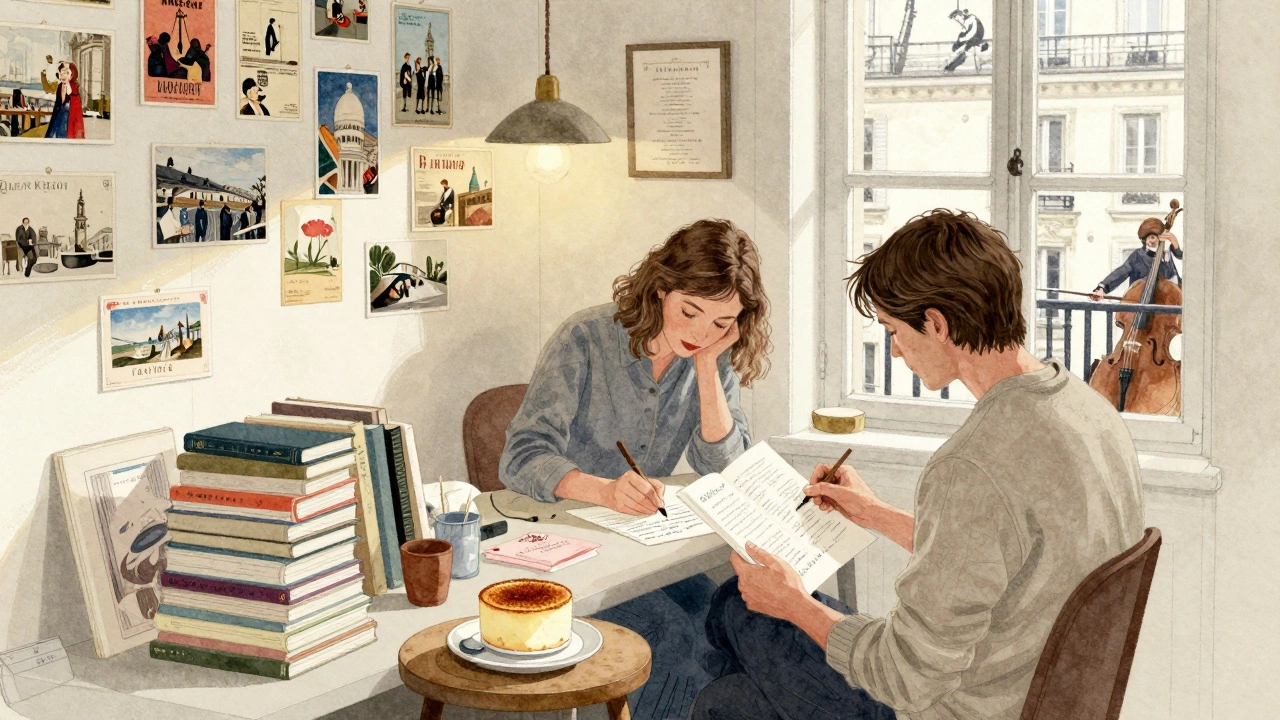 A woman writing a note in her Paris studio while a client reads beside her, surrounded by vintage memorabilia.