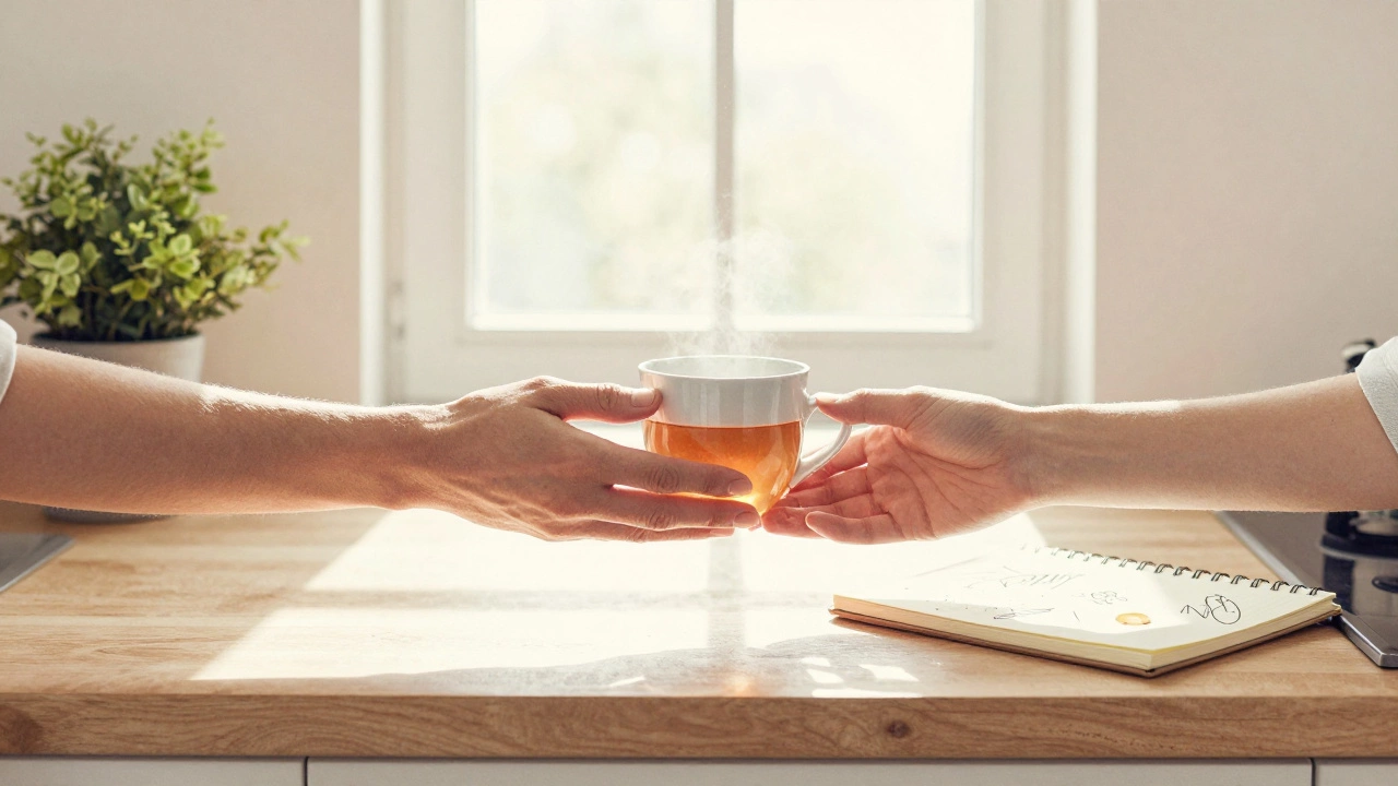 Two hands exchanging a mug of tea in a sunlit kitchen, everyday objects nearby.